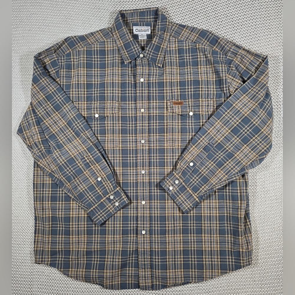 Carhartt Button Down Shirt Men Sz XL Plaid Blue Brown Pearl Snap Pockets Cotton